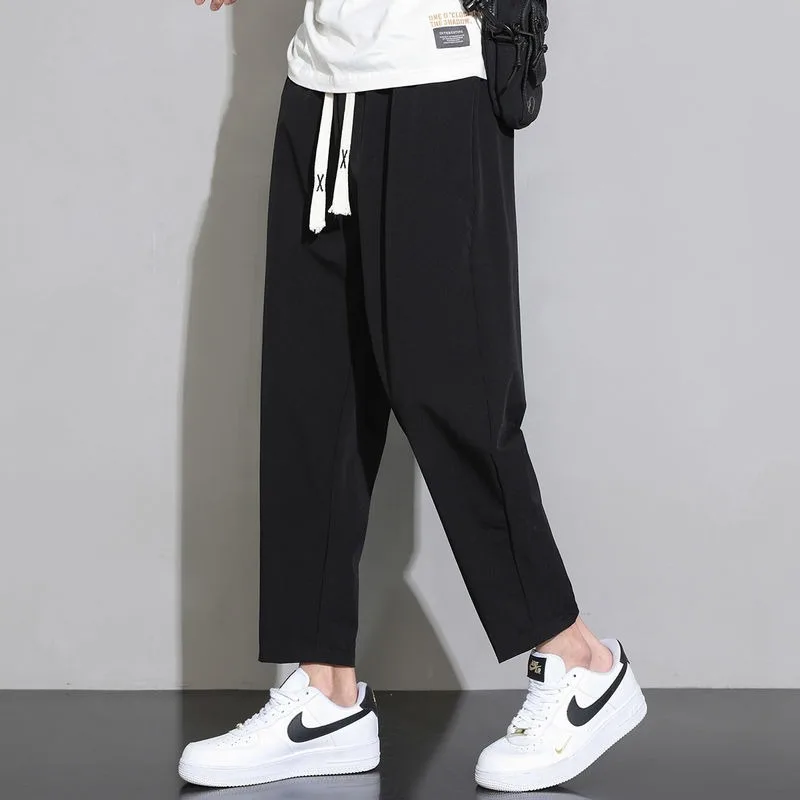 Korean Trend Summer Casual Pants Men Ice Silk Solid Quick Dry Elastic Waist Drawstring Versatile Straight Ankle Length Trousers
