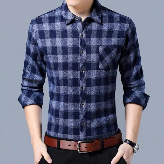 Spring Autumn Long Sleeve Slim Fashion Casual Formal Pockets Button Turn-down Collar Striped Plaid Men's Elegant Streetwea Tops