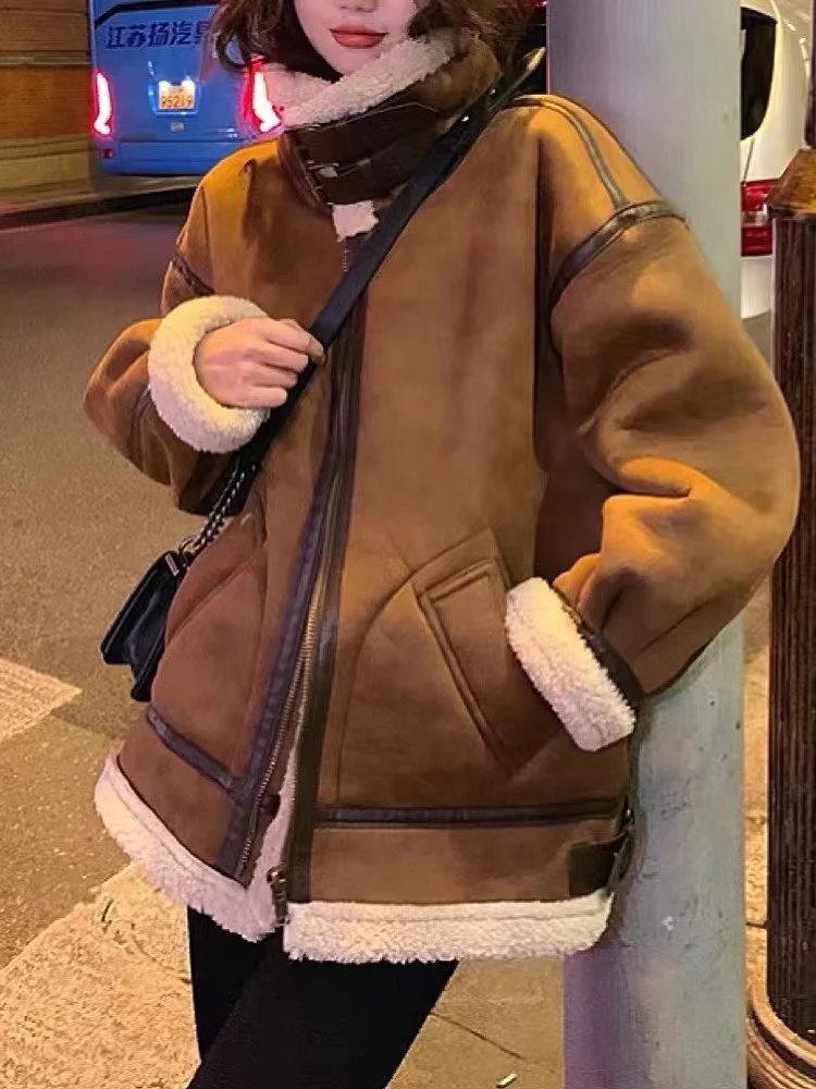

2022 New Women'S Artificial Leather Fur Coats Wool Jacket Women Leisure Fashion Long Sleeve Zipper Thick Korean Winter Warm Coat