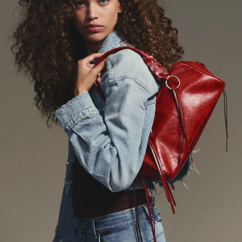 Women Fashion Pu Leather Rivets Tassels Boston Bag Grommet Eyelet Top Handle Handbag Adjustable Long Strap Cross Body Purse