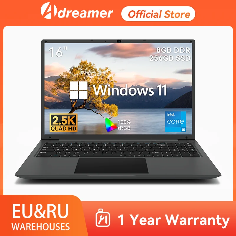 Adreamer Laptop 16 Inch 2.5K IPS Intel i5-1240P 16GB DDR4+1TB SSD Office School Notebook 55Wh 12 Core 4.4GHz Windows 11 Computer