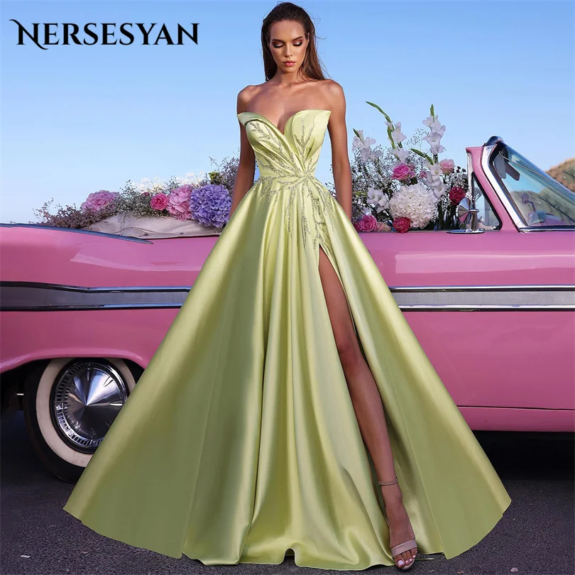 

Nersesyan Sexy Green Satin Party Dresses High Slit A Line Draped Evening Gown Glitter Sweetheart Pleats 2023 Vestidos De Fiesta