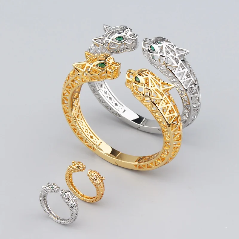 

S925 sterling silver vintage double-headed leopard hollow green eye bracelet ring set simple personality jewelry gift