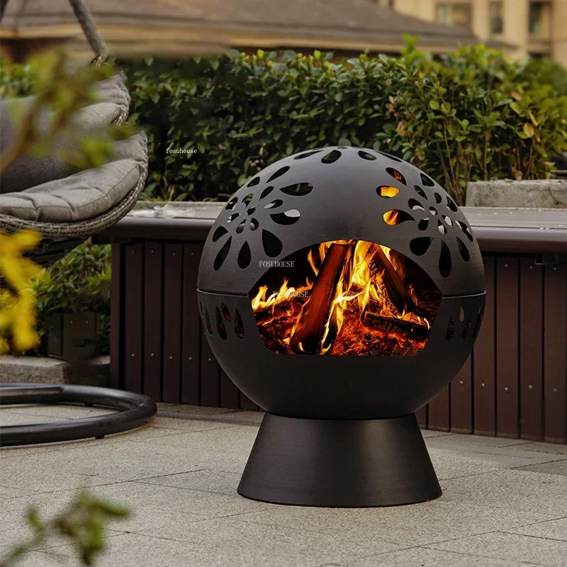 เตาผิงกลางแจ้งทรงกลมสำหรับลานบ้าน ใช้สำหรับจุดไฟ แคมป์ปิ้ง ให้ความอบอุ่นในลานบ้าน เตาไม้ทันสมัยสำหรับใช้ในบ้านและในร่ม สำหรับฤดูหนาว 1