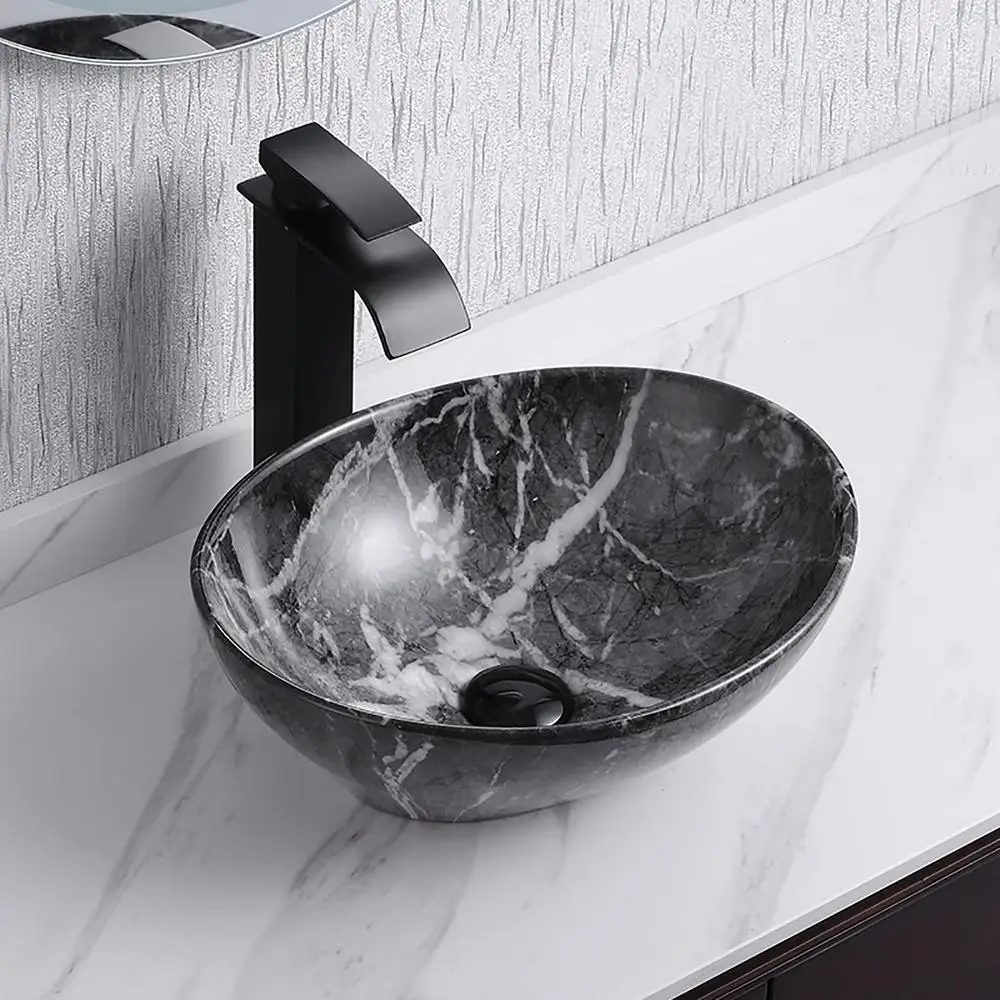 Marbling Ceramic Vessel Sink Set with Pop Up Drain Bathroom Sink Above Counter 2