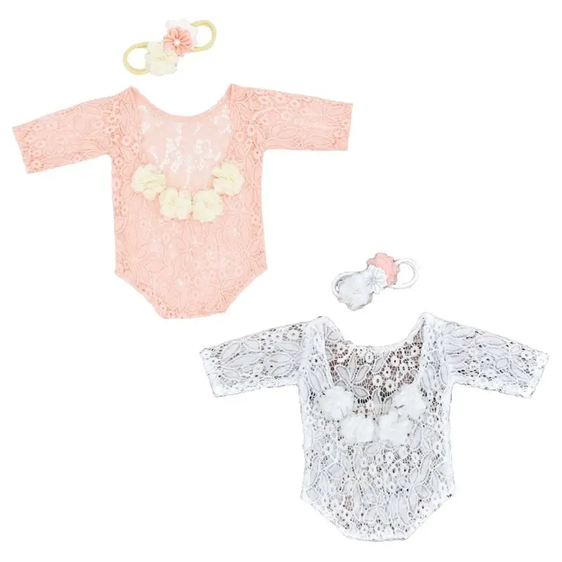 

Baby Flower Pearl Headband Lace Romper Set Infants Flower Hair Band Headdress Long Sleeve Jumpsuit Bodysuit Outfits
