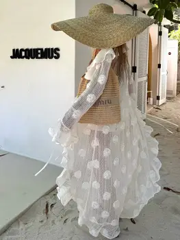 3D Flower Cover Up Knitting Ruffle Solid Elegant Women Dress Flying Sleeve Long Dress Summer Chic Casual Beach Women Clothing 1