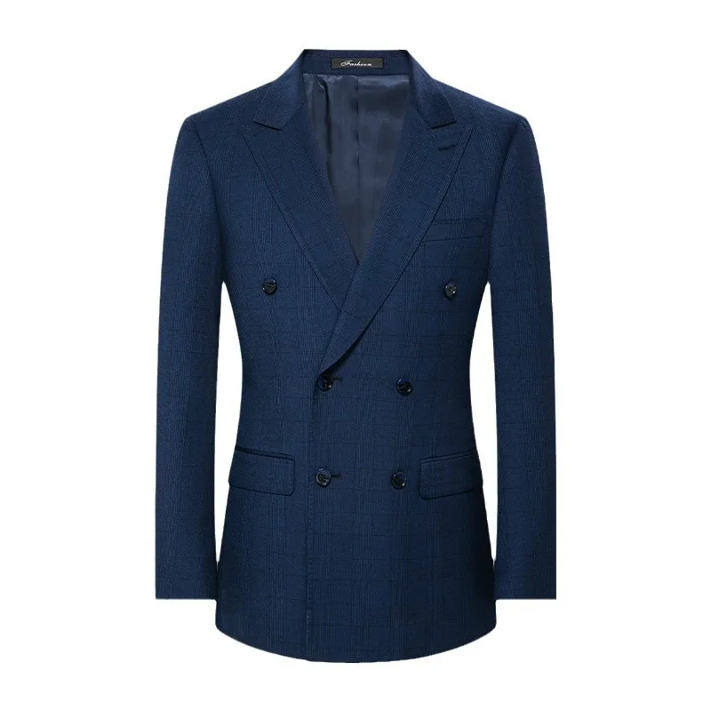 ZX322Blue grid men's business casual groom suit double-breasted professional suit wedding hall custom shop work clothes suit