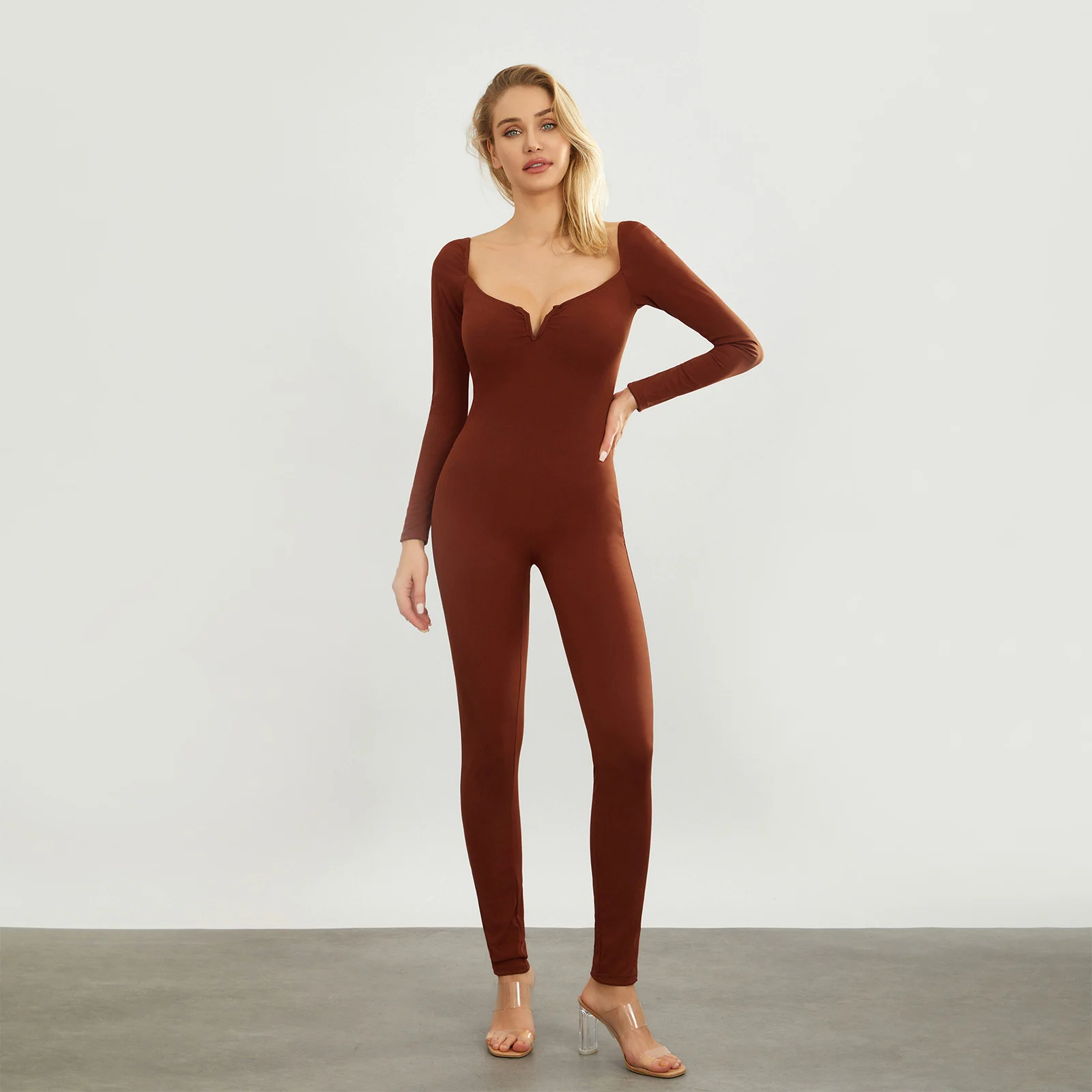 

Женский Облегающий комбинезон с длинным рукавом, Осенние сексуальные длинные эластичные комбинезоны с глубоким V-образным вырезом и глубоким вырезом, Клубная одежда, уличная одежда, наряд для вечеринки
