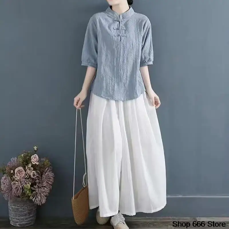 Summer Traditional Chinese Women's Clothing Tang Hanfu Spring Autumn Shirt Blouse Loose Leisure Top Vintage T-shirt Tea Service