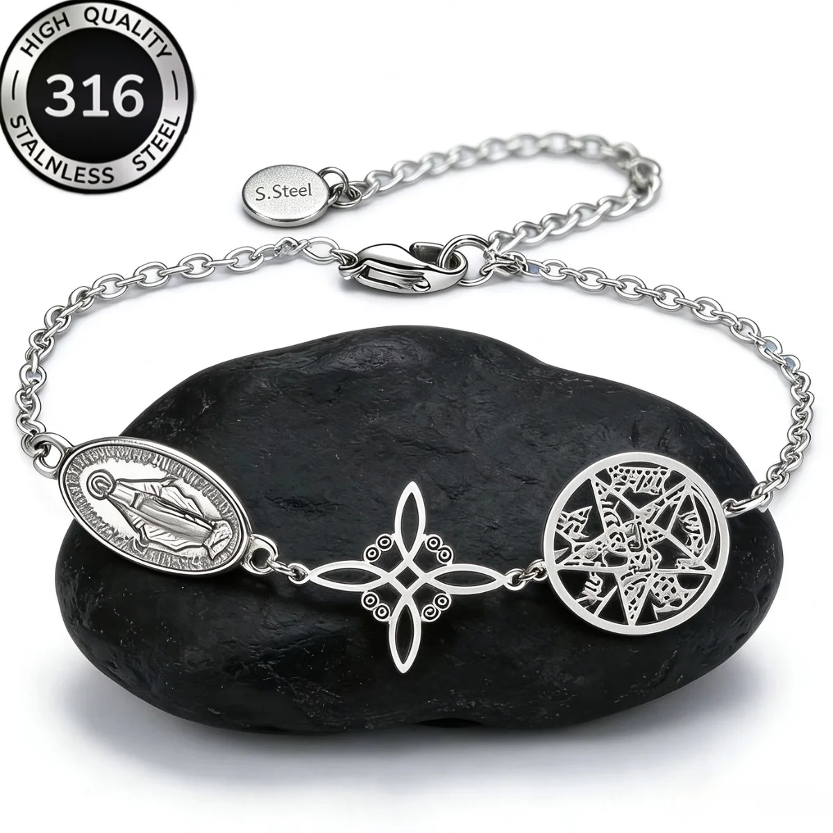Edelstahl-Armband mit dreifacher Schutzfunktion, silberfarben, Jungfrau Maria, Hexenknoten, Pentagramm, Tetragrammaton, Handgelenkschmuck