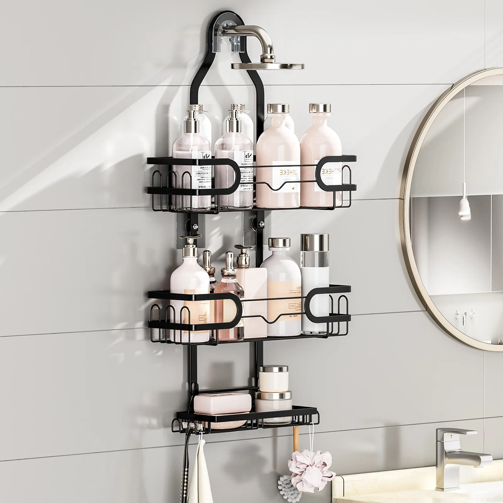 Hanging Shower Caddy, Rustproof No Drilling Bathroom Organizer with Soap Holder and 6 Hooks for Towels, Sponge