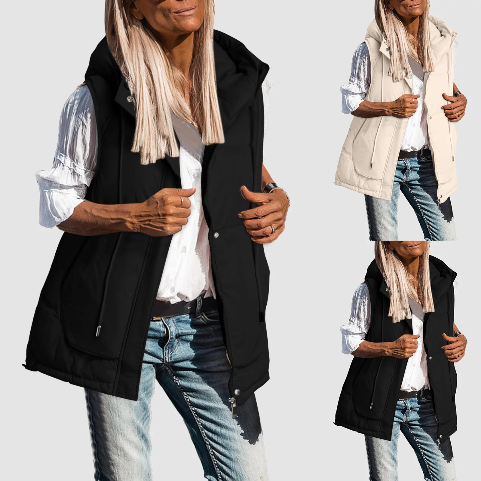 

Women Coat Autumn And Winter Short Vest Hooded Drawstring Thickened Down Jacket Vest Female clothing Pullovers Knitted top