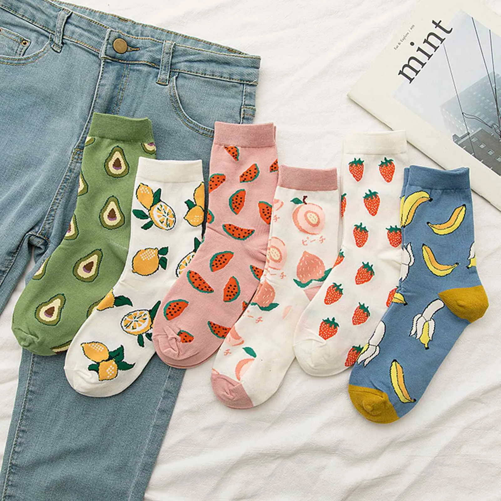 

6 Pairs Women'S Socks Spring Autumn Cartoon Socks Avocado Lemon Watermelon Peach Strawberry Banana Cotton Harajuku Casual Socks