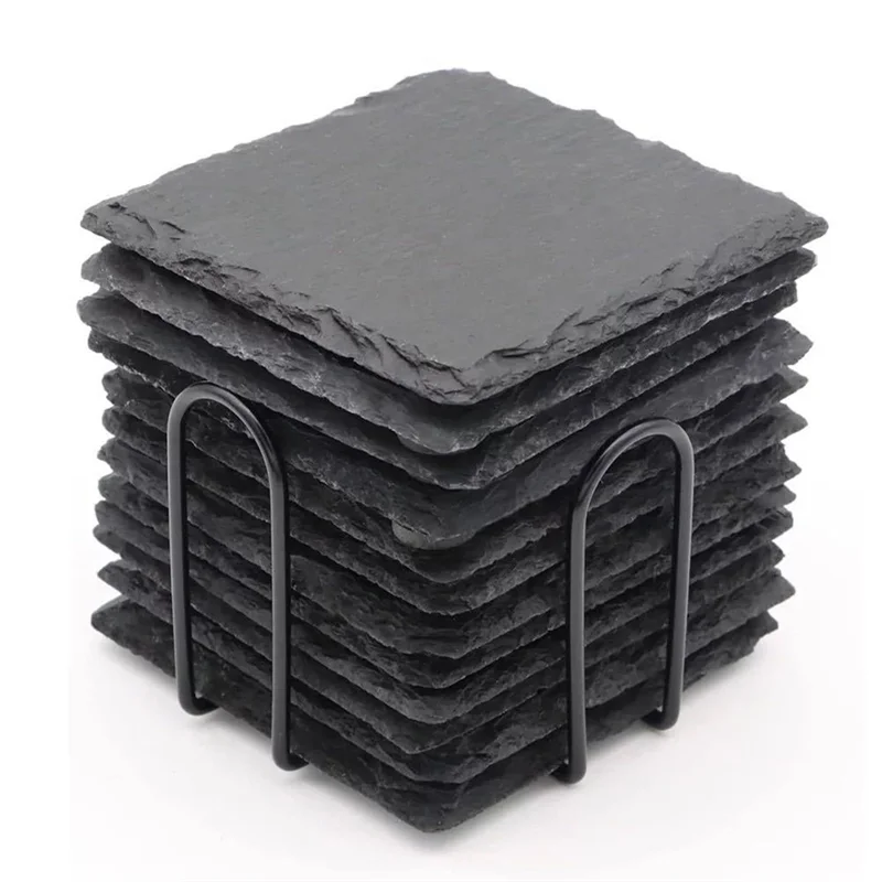 

12PCS Slate Coasters Bulk 4 Inch Square Black Slate Stone Coaster Handmade Drink Bar Slate Coasters with Shelves