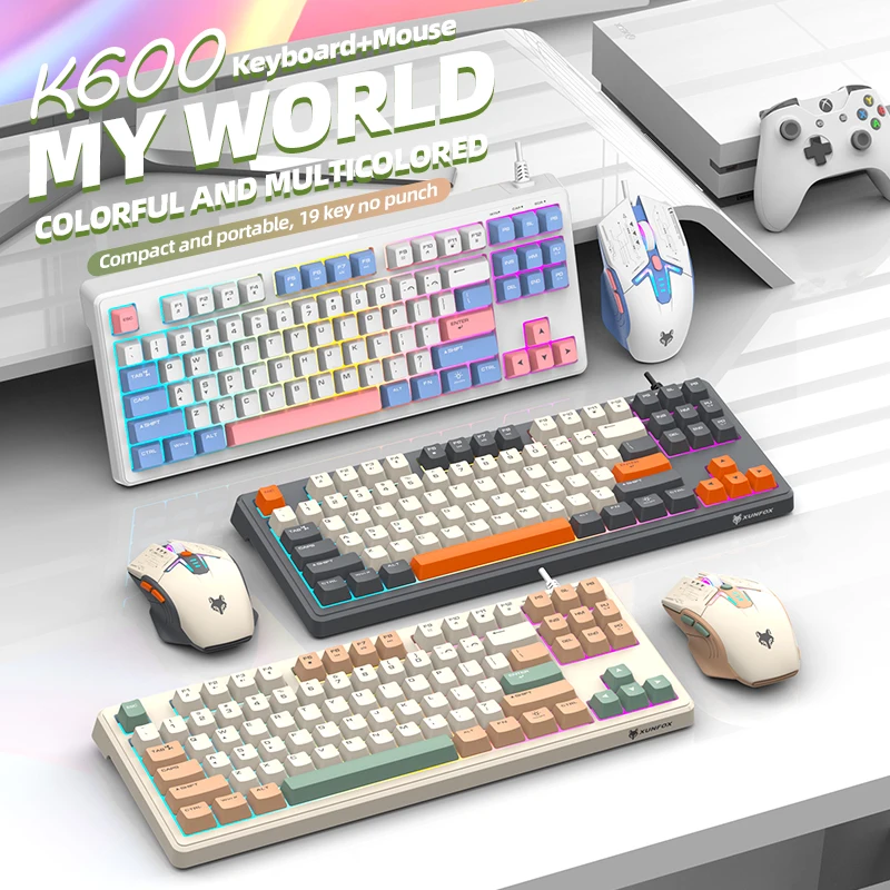 XUNFOX K600 키보드와 마우스 세트 유선 USB 소형 키보드 사무실 데스크탑 게임 노트북 세트