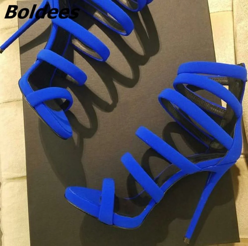 

Designer Royal-blue Suede Leather Sandals Women Sexy Cut-out Open Toe Stiletto Heel Shoes Sandals Trend Fashion OL Shoes