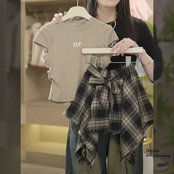 Summer Girls Clothing Set Solid Color Sleeveless T-shirt+Plaid Irregular Skirt 2Pcs Suit For 5-14 Years Teen Kids Fashion Outfit 4