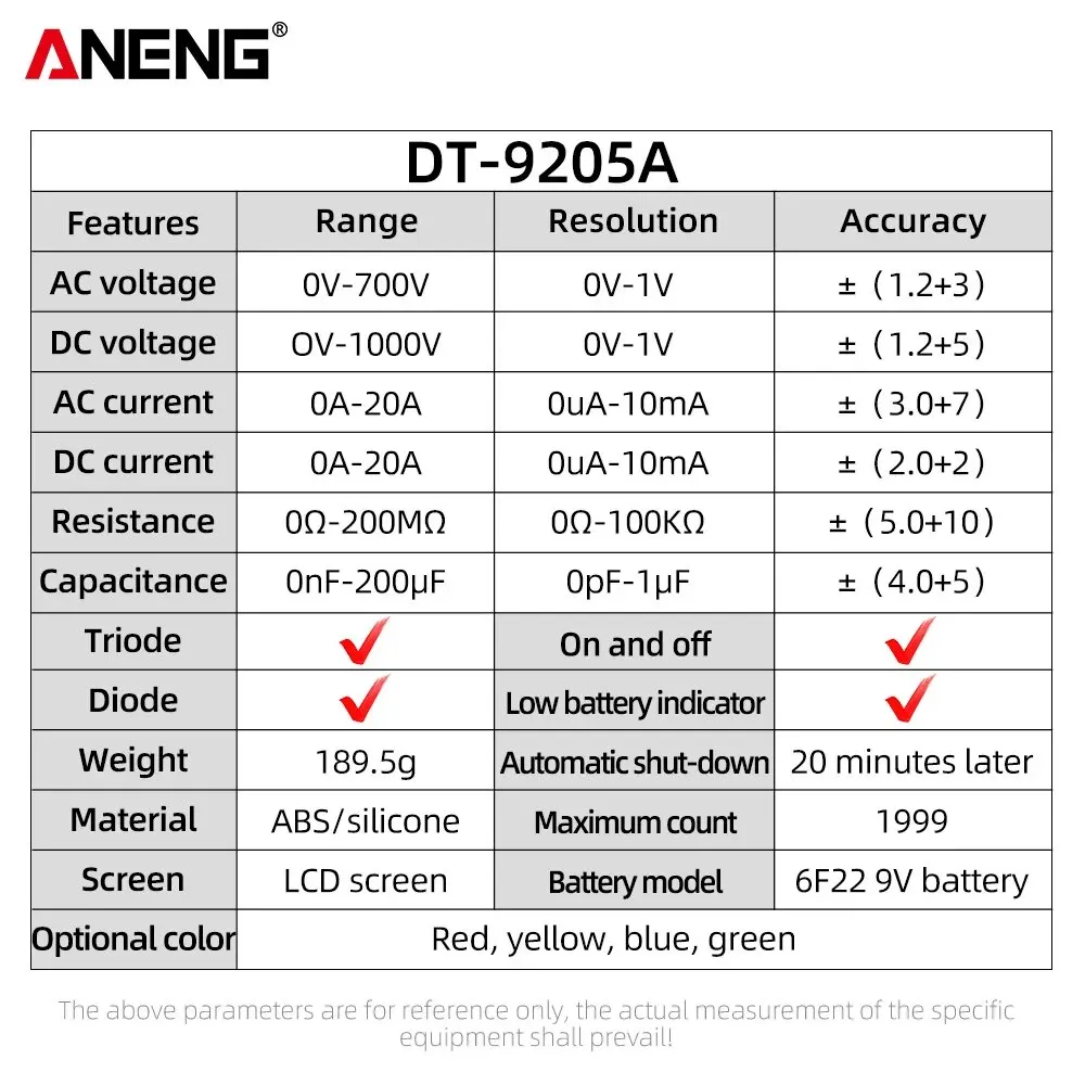 ANENG DT9205A Digital Multimeter AC/DC Transistor Electrical NCV Tester Meter Profesional Analog Auto Range Multimetro Tools 5