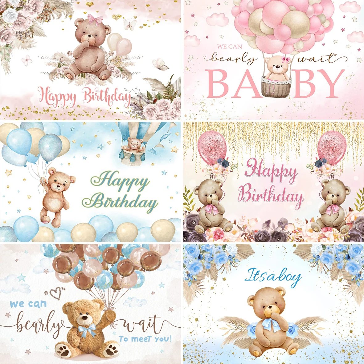 Teddy Bear Baby Shower Backdrop with Floral and Balloon Decor for Photography and Kid's Birthday Parties