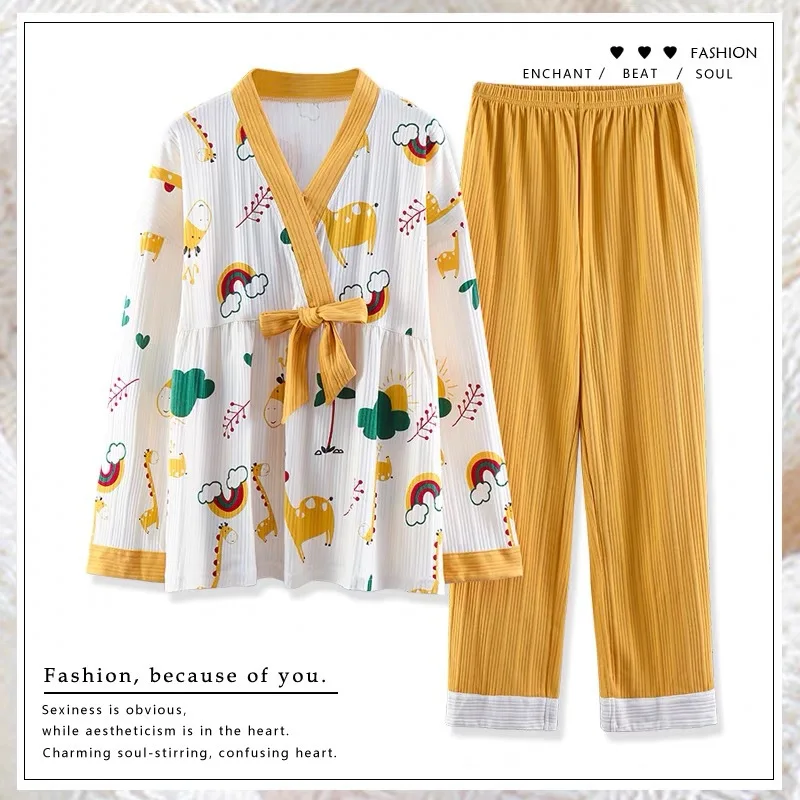 

Women's Cotton Kimono Sleepwear Korean Fashion Nightwear Female Girl Pajamas Set Home Suit Long Sleeves Sleeping Top Pant