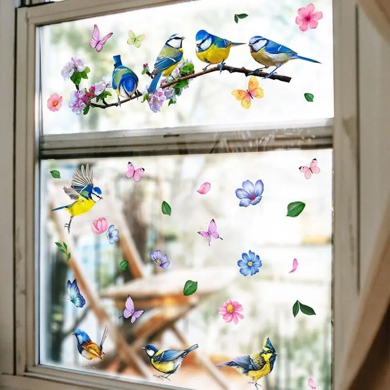 

New Branch Colorful Bird Butterfly Wall Sticker Clings Non Adhesive Vinyl Beautiful Glass Window Visual Decorative Wall Sticker