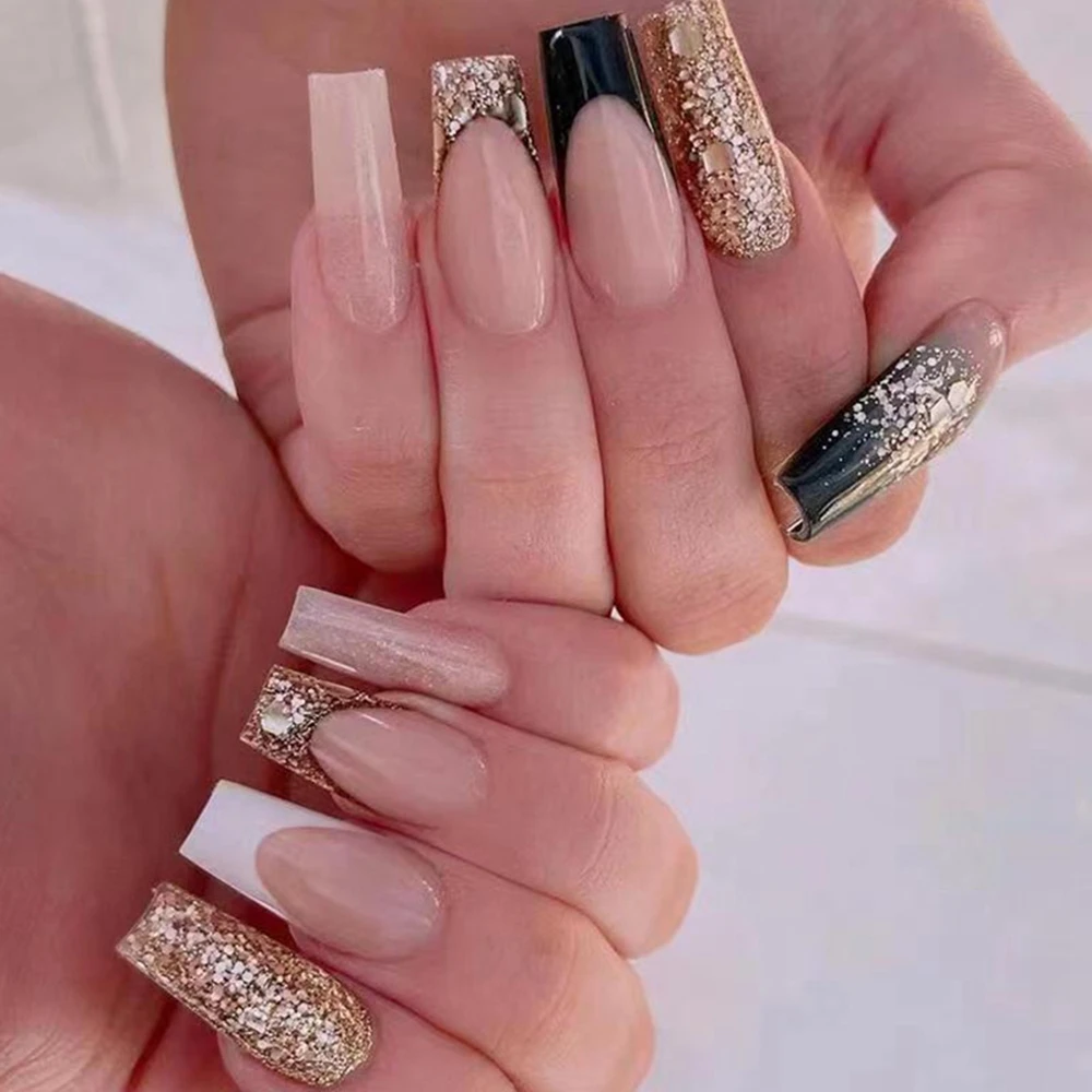 24Pcs Press On Full Cover Nails Tips Black And White Colorblock Fake Nails  Long Coffin False Nails Gold Glitter Sequins Designs| | - AliExpress