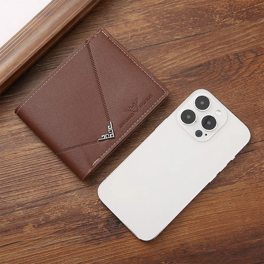 Lychee Texture PU Leather Men's Wallet Short Cash Purse Multi Card Slot Patchwork Card Holder Photo Holder Horizontal Money Clip 6