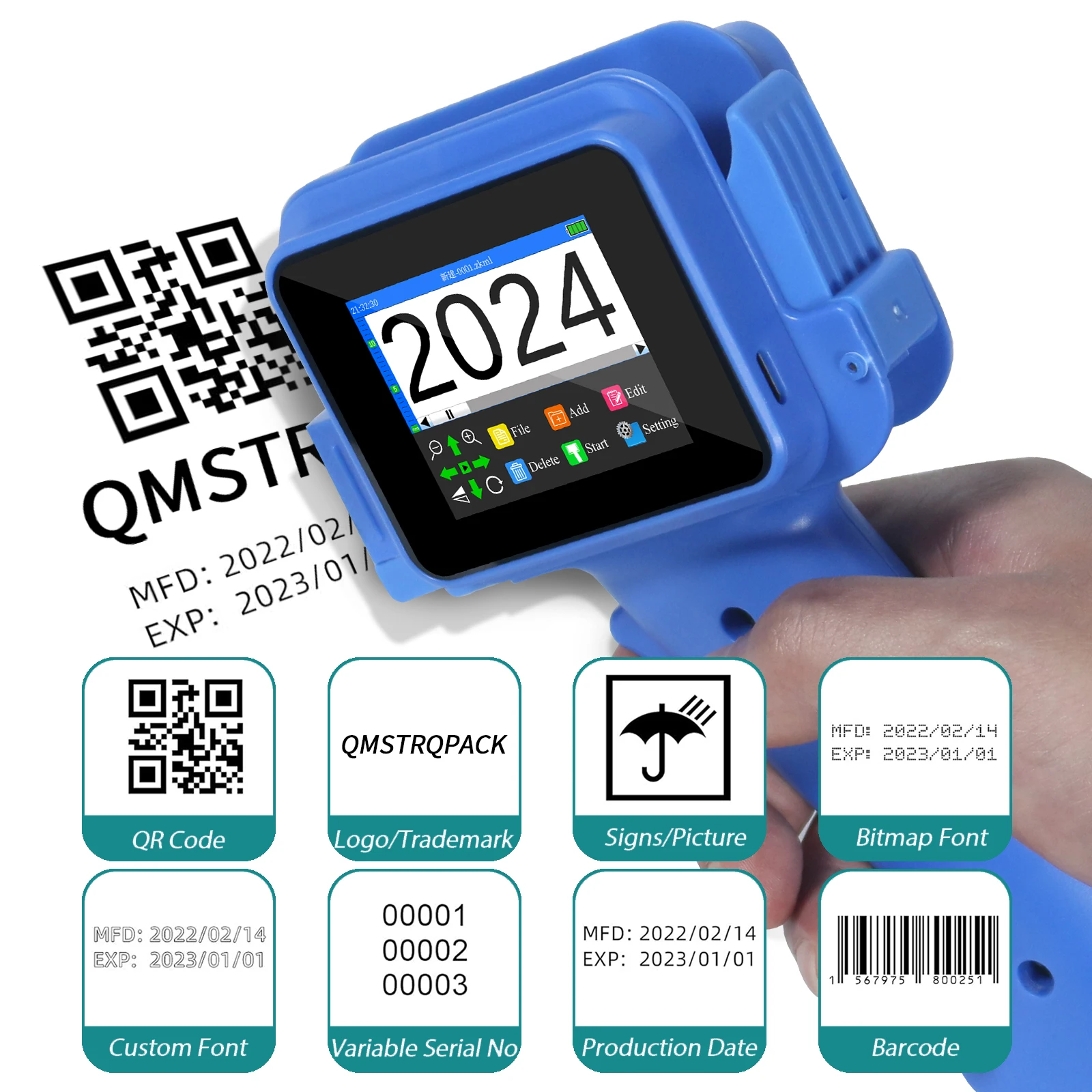 텍스트 QR 바코드 배치 번호 로고 날짜 라벨 휴대용 코더용 속건성 잉크가 포함된 12.7mm 미니 핸드헬드 잉크젯 프린터