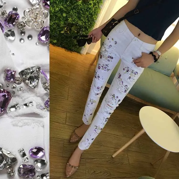 Spring Autumn Cotton Women Rhinestones Diamond Denim Jeans Slim Stretch Pencil skinny Jeans White Ripped jeans plus size 25-31 mom jeans