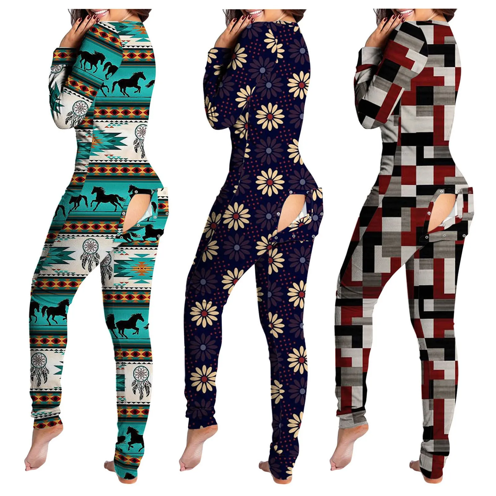 

Women sexy Pajama Onesies Sets Button-down Print Functional Buttoned Flap Adults Sleepwear Feminina Onesies pyjama fille