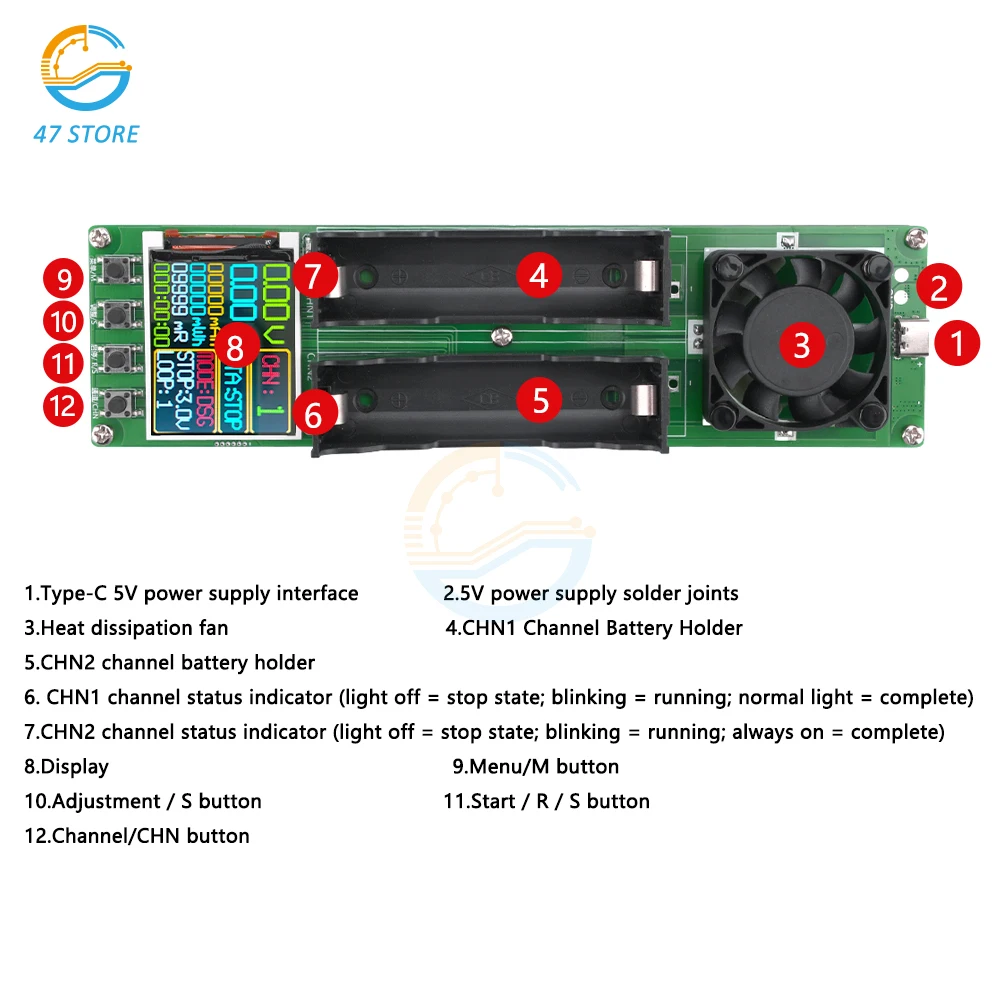 DC 5V 18650 Lithium Battery Capacity Tester Module MAh MWh 2-Channel Digital Battery Power Detector Module Type-C Interface 3