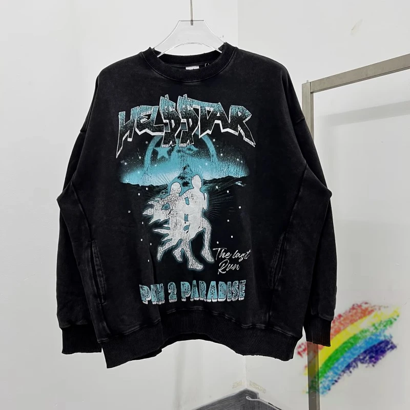

Vintage Wash Hellstar Run Sweatshirts Men Women Worn Out Print Crewneck Oversize Thick Heavy Hell Star Hoodie