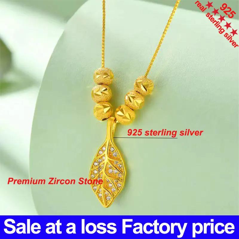 

925 Silver Set Zircon Transit Bead Necklace Pendant with Ancient Gilded Gold Leaves Luxury Jewelry