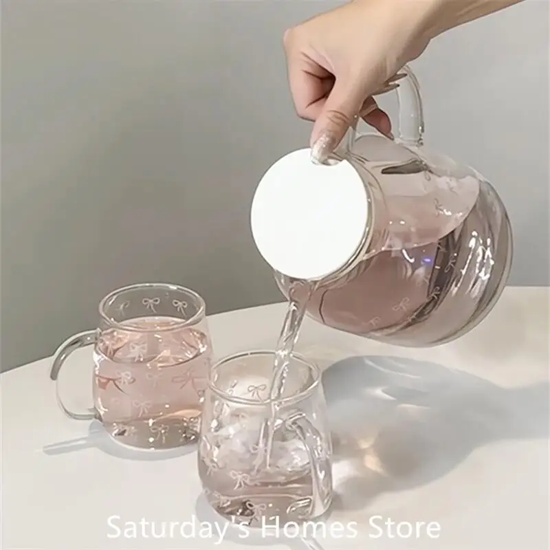 Bow Patter Water Glass Bottle Teapot Glass Cup Bow Handle Heat Resistant Lover Tea Sets Kettle Water Cup Bottle