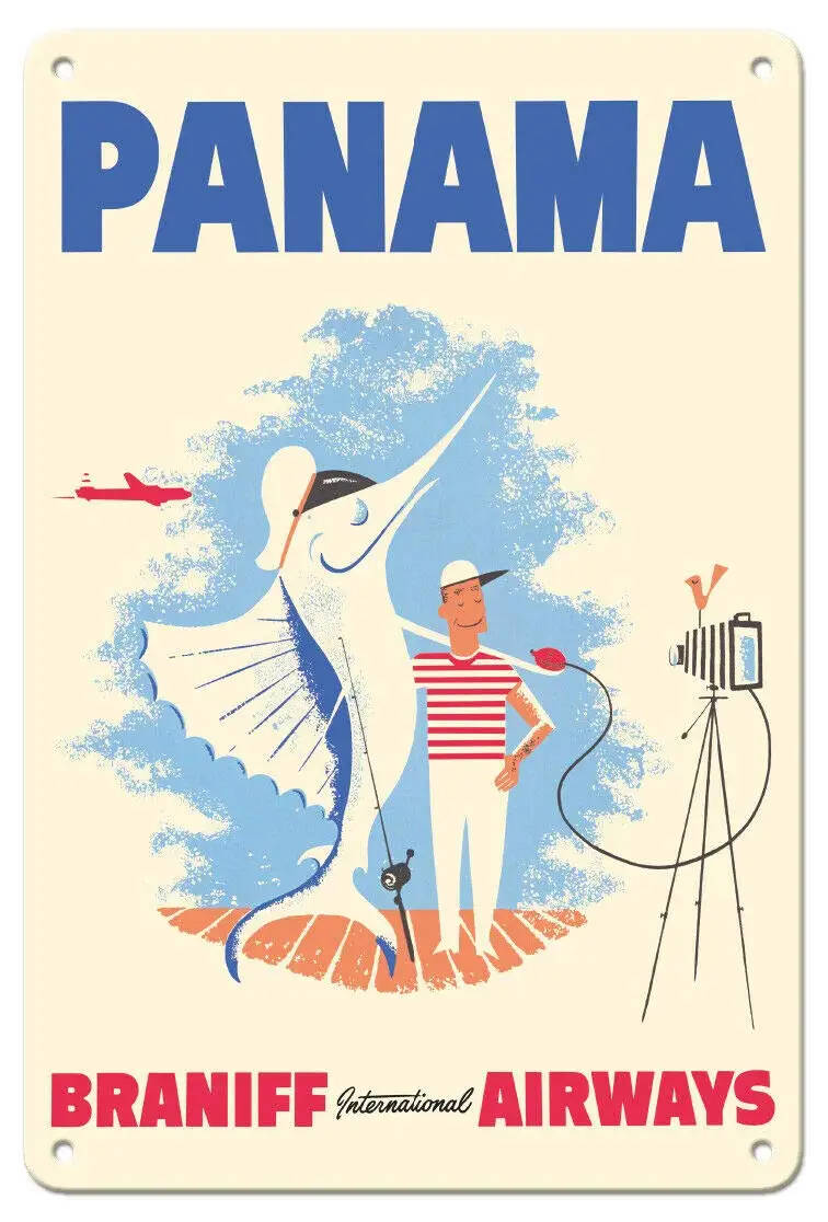

Panama - Big Game Fishing - 1957 Vintage Airline Travel Poster Metal Tin Sign Retro Wall Home Bar Pub Vintage Cafe Decor, 8x12 I