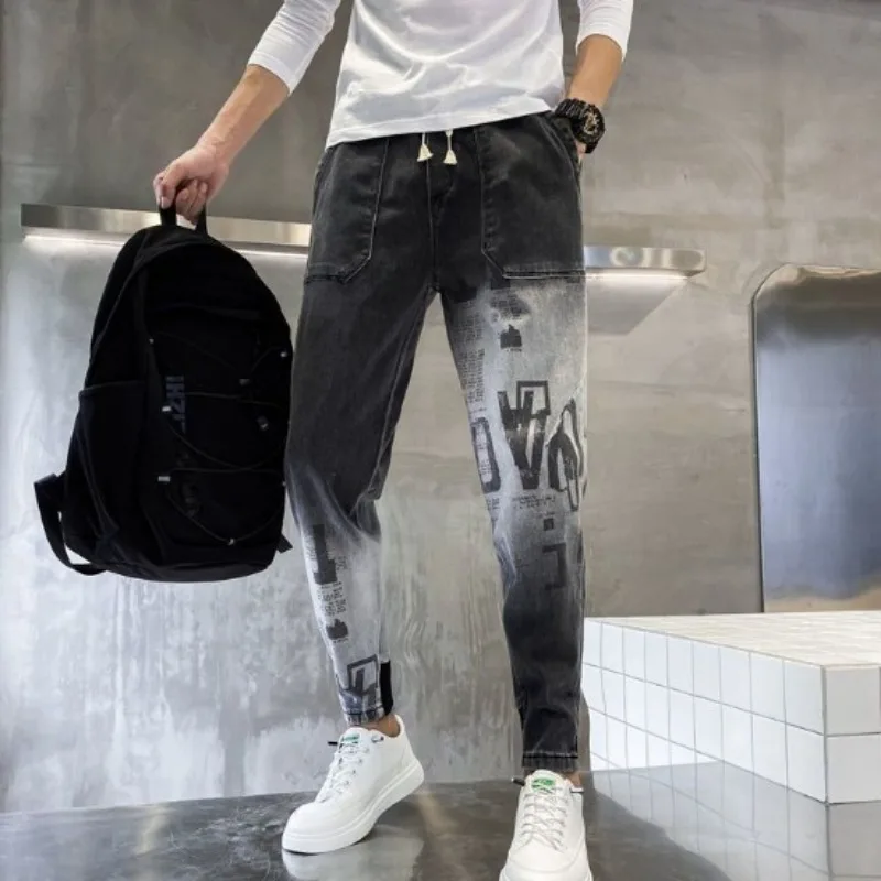 2024 Trendy Brand Nine Point Jeans for Men's New Gradual Feet Haren Pants Trendy Men's Loose Feet Tights Korean Edition Casual