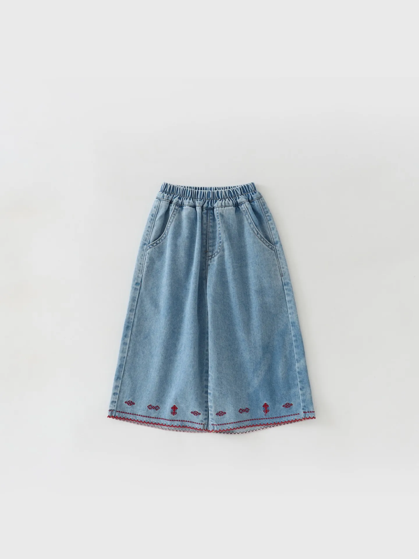 YMGN  여아 블루 데님 스커트, 신축성 있는 허리 레드 자수 밑단 캐주얼 A라인 미디 키즈 하의