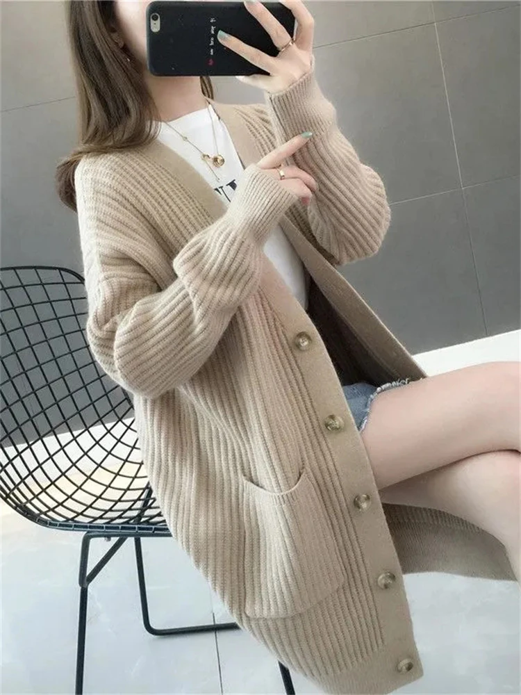 

Autumn Winter Thick Warm Single-breasted Sweater Coats Korean Fashion Mid-length Knitted Cardigans Elegant Long Sleeve Jackets