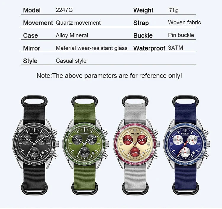 MEGIR Triple-eye Quartz Watch for Men's Nylon Braided Strap Waterproof Luminous Sports with Chronograph Fashion Wristwatch Male
