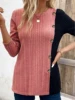Ribbed Colorblock Button Decor T-Shirt，Casual Long Sleeve Top For Spring & Fall，Women's Clothing 5