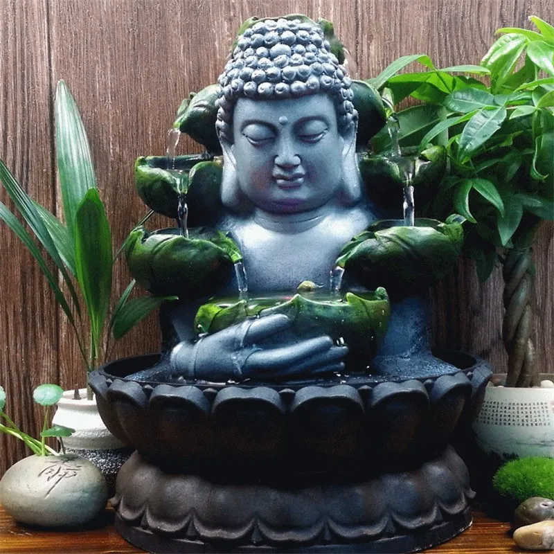 

Creative Home Decorations Resin Flowing Water Waterfall Led Fountain Buddha Statue Lucky Feng Shui Ornaments Landscape Decor