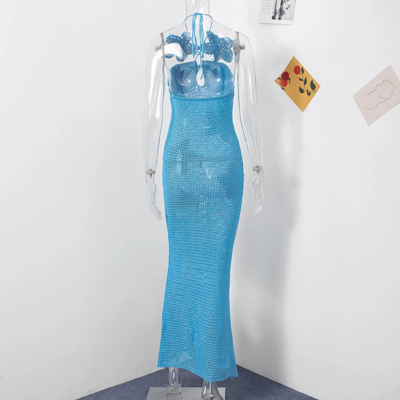Sexy Knitted 3d Flower Halter Long Dress Women Crochet Hollow Out Sleeveless Blue Maxi Dresses New Lady Beach Vacation Robe
