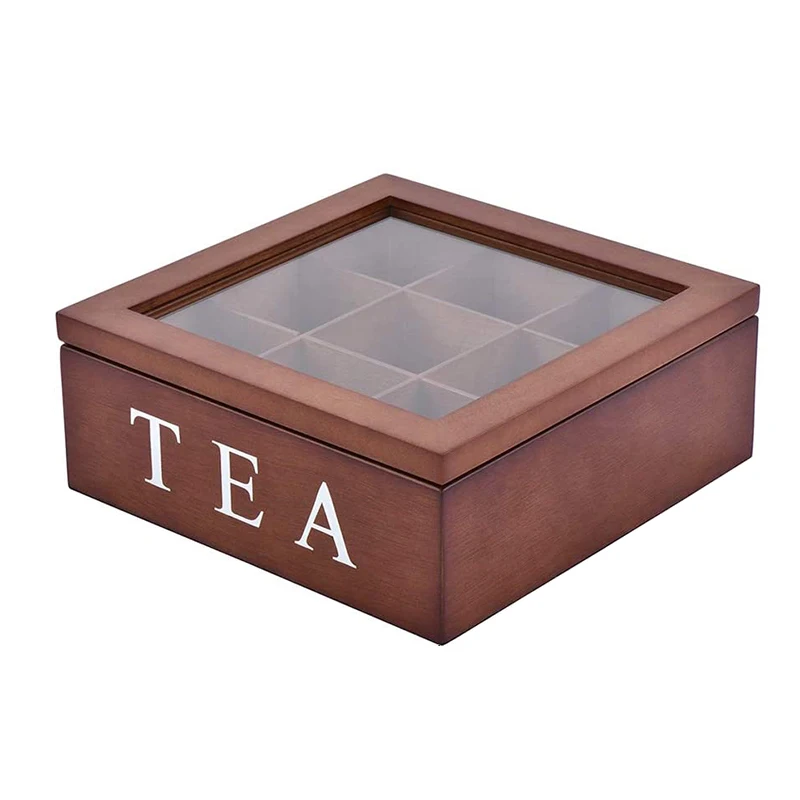 

Tea Box With Lid 9-Compartment Coffee Tea Bag Storage Holder Sugar Organizer For Kitchen Cabinets Wood Drawer With Window