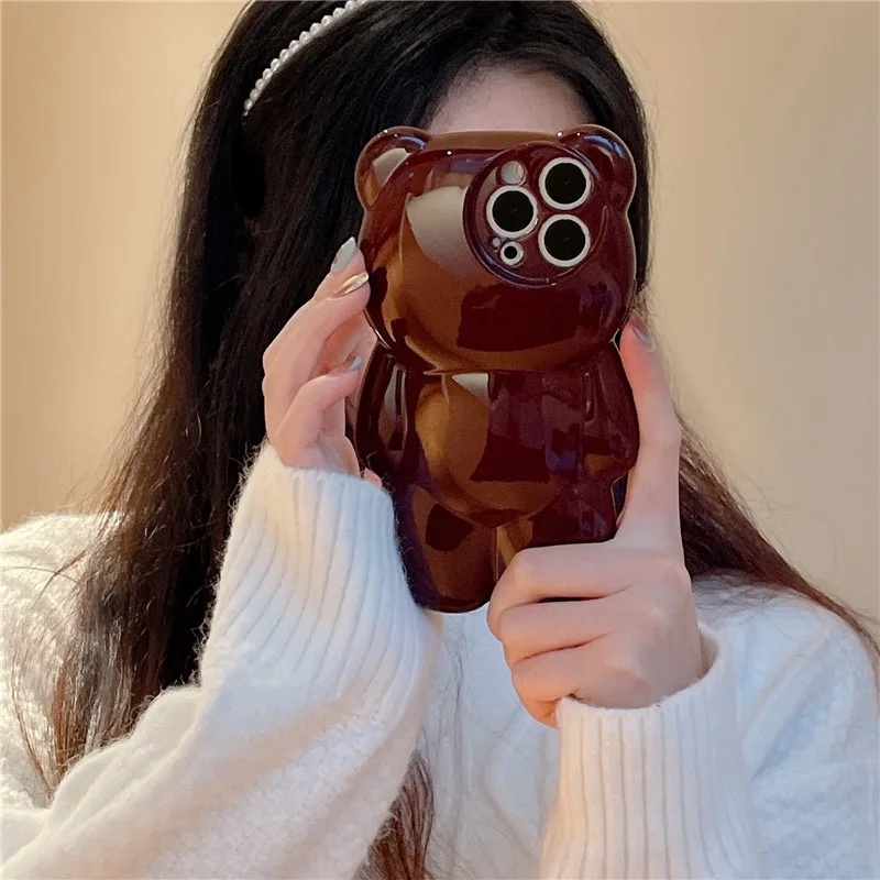 Ours en peluche 3D adapté à l'iPhone 16 14 Pro Max 12 11 15, étui de Protection contre les chutes en Silicone