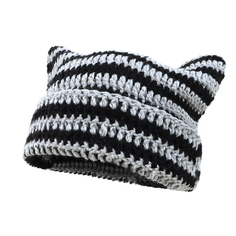 Cat Ears Knitted Hat Handmade Crochet Wool Striped Casual Warm Bonnet Winter Beanie
