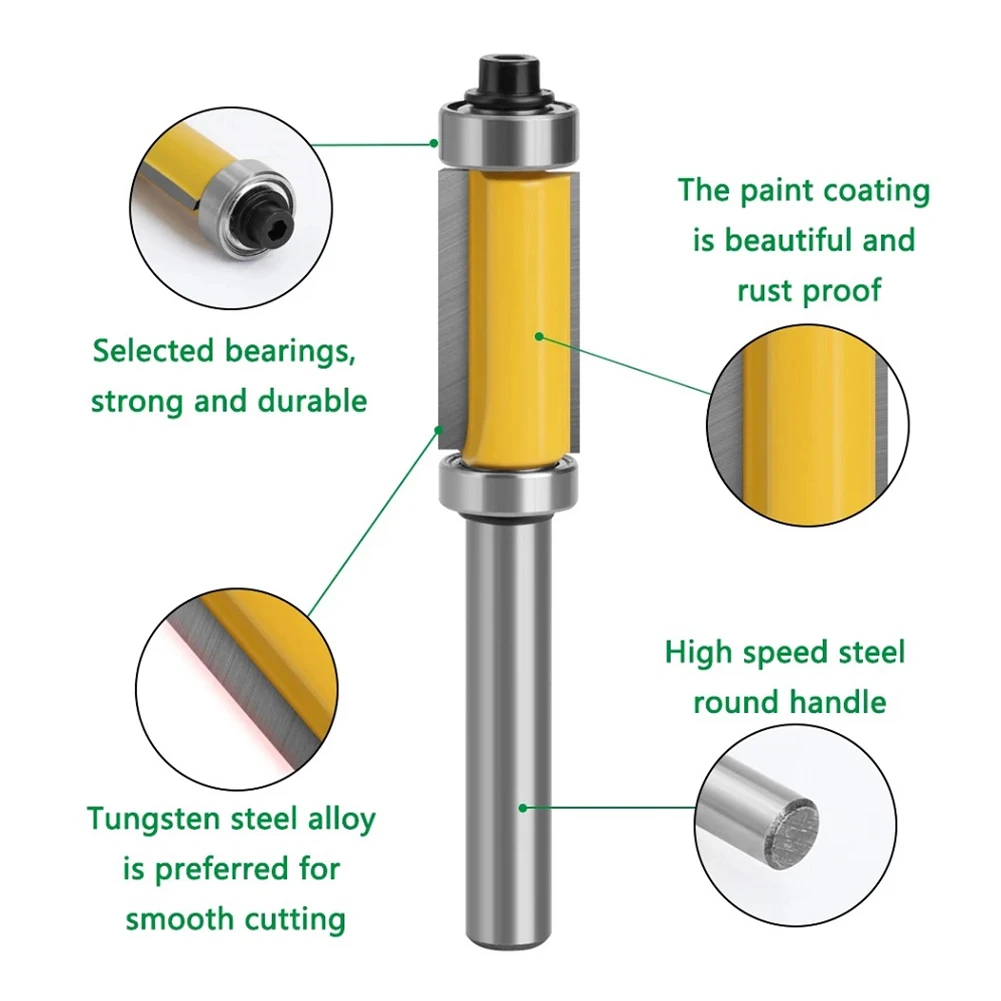

8mm Router Bit Solid Hardened Steel Straight Trim Bearing Pattern Carbide Flush Double Bearing High-quality Router Bit