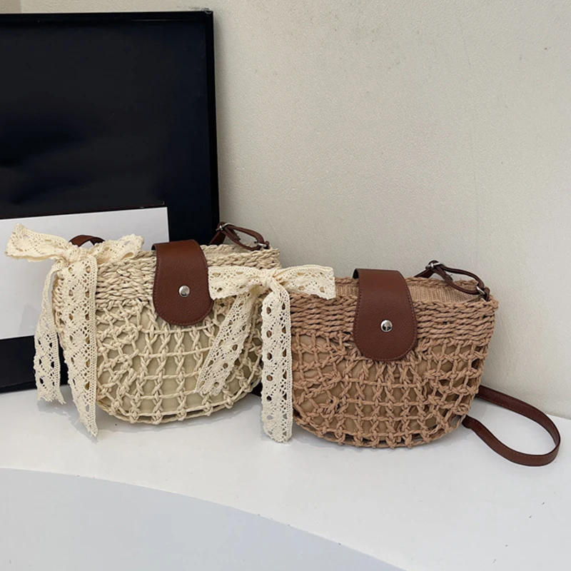 Ladies Hollow Woven Handbag with Adjustable Strap Semicircle Straw Handbag Casual Sling Bag Travel Vacation Commute Bag