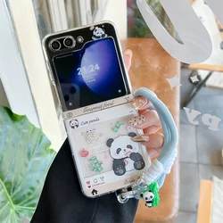 Cute Cartoon Panda Wrist Strap Case with Lanyard - Acrylic Transparent Shockproof Cover for Samsung Z Flip 5 (ZZXMStrap)