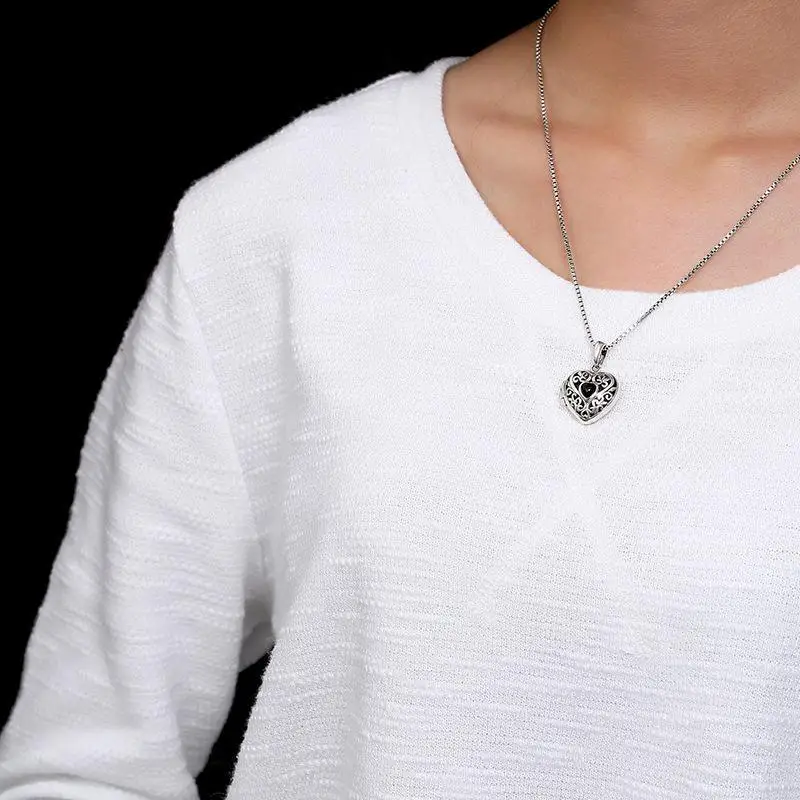 Vintage Thai Silver 925 Sterling Heart Shaped Lockets Pendant Aromatherapy Antique Hollow Flower Natural Stone Fine Jewelry pendant necklace silver pendant